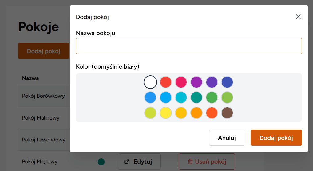 Dodawanie pokoju z wyborem koloru